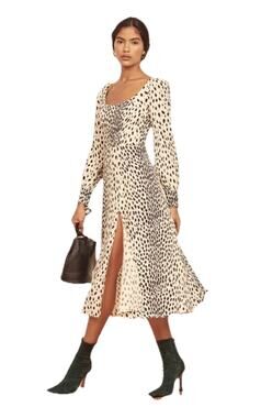 Reformation Alessi Cheetah Print Midi Dress Size 2 Smocked Back Long Sleeve